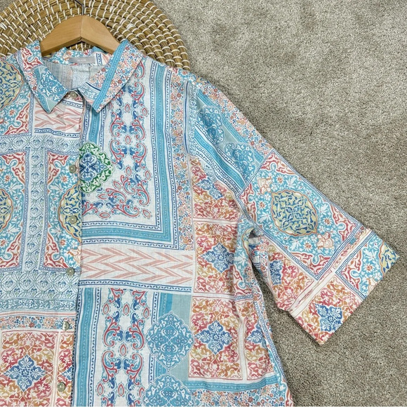 Chico’s No Iron 100% Linen Coastal Tile Button Down Shirt Top Multicolor Boho 18 - Picture 4 of 14